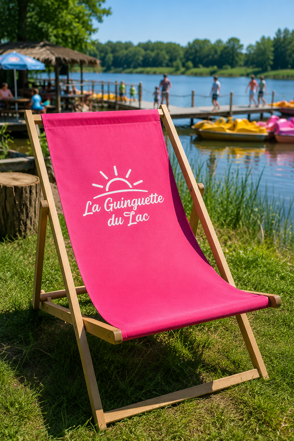 Broderie professionnelle & marquage textile en Alsace Transat personnalisé avec logo pour guinguette en bord de lac.