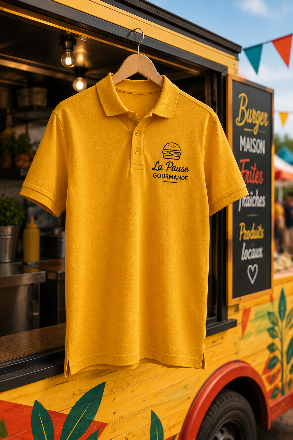 Broderie professionnelle & marquage textile en Alsace Polo jaune brodé avec logo de food truck personnalisé.