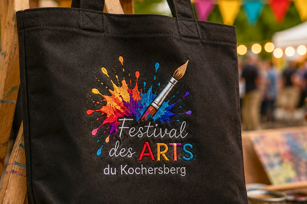 Tote bag brodé personnalisé pour association culturelle lors d’un événement en plein air