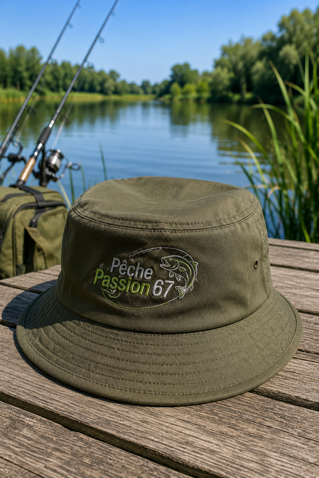 Broderie professionnelle & marquage textile en Alsace Bob kaki personnalisé avec broderie pour association de pêche.