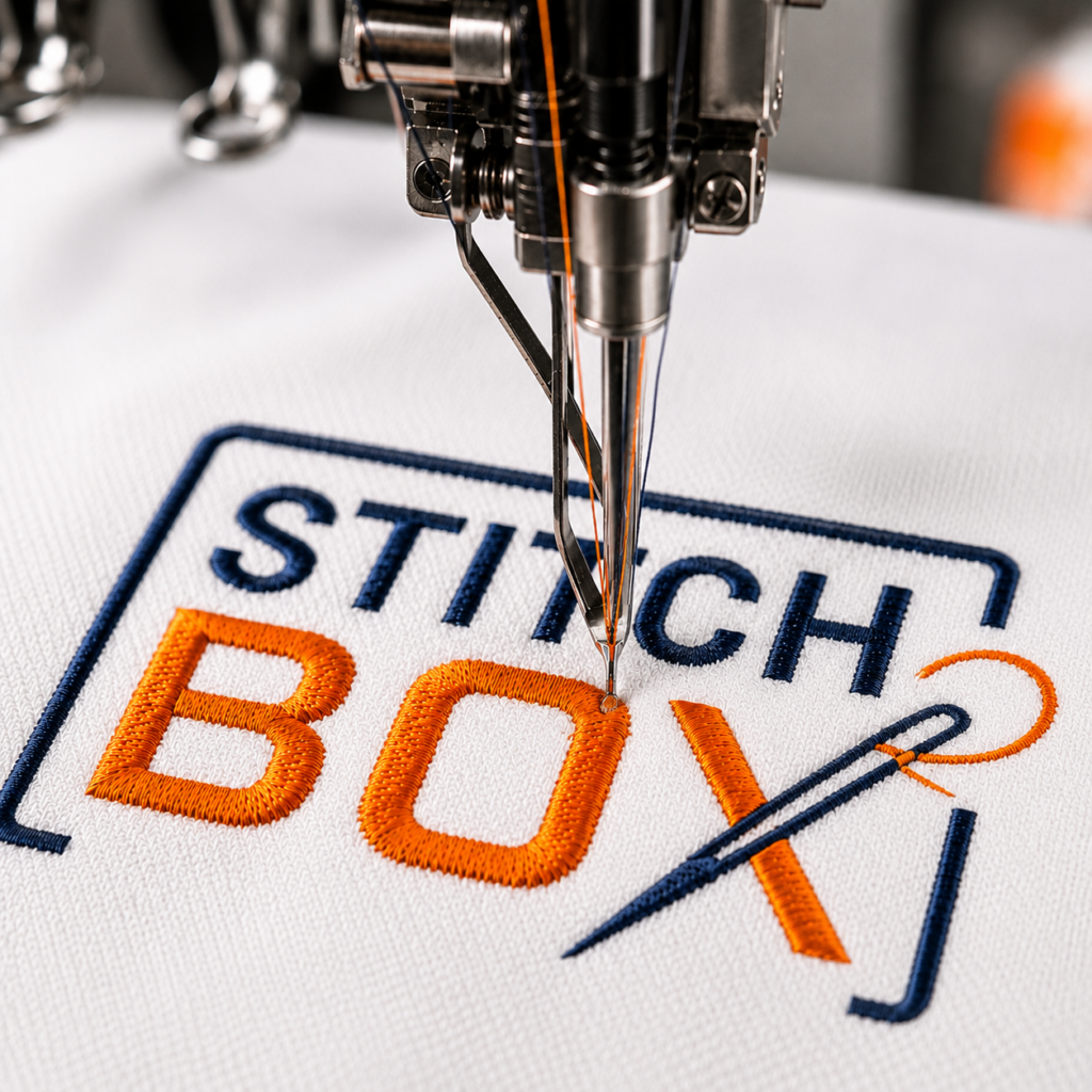 Gros plan sur une machine de broderie réalisant le logo Stitch Box sur textile blanc.