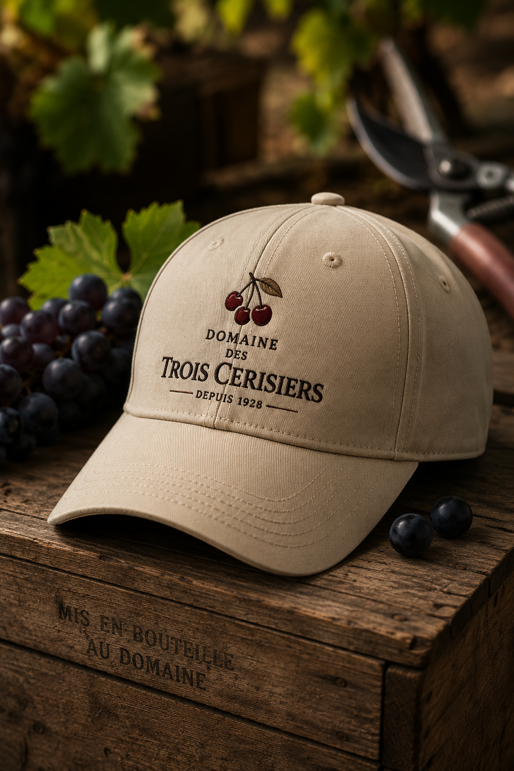 Broderie professionnelle & marquage textile en Alsace Casquette beige brodée avec logo de domaine viticole.