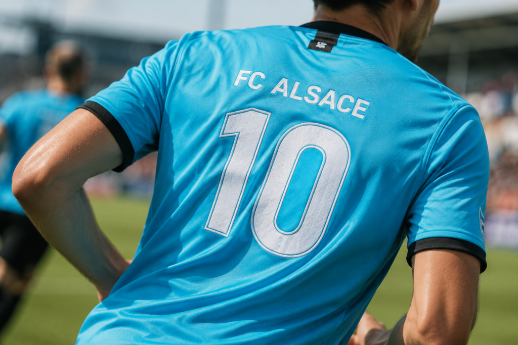 Joueur portant un maillot de football turquoise personnalisé avec numéro et marquage au dos.