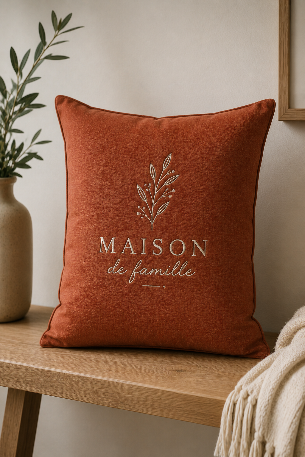 Broderie professionnelle & marquage textile en Alsace Coussin décoratif terracotta personnalisé avec broderie.