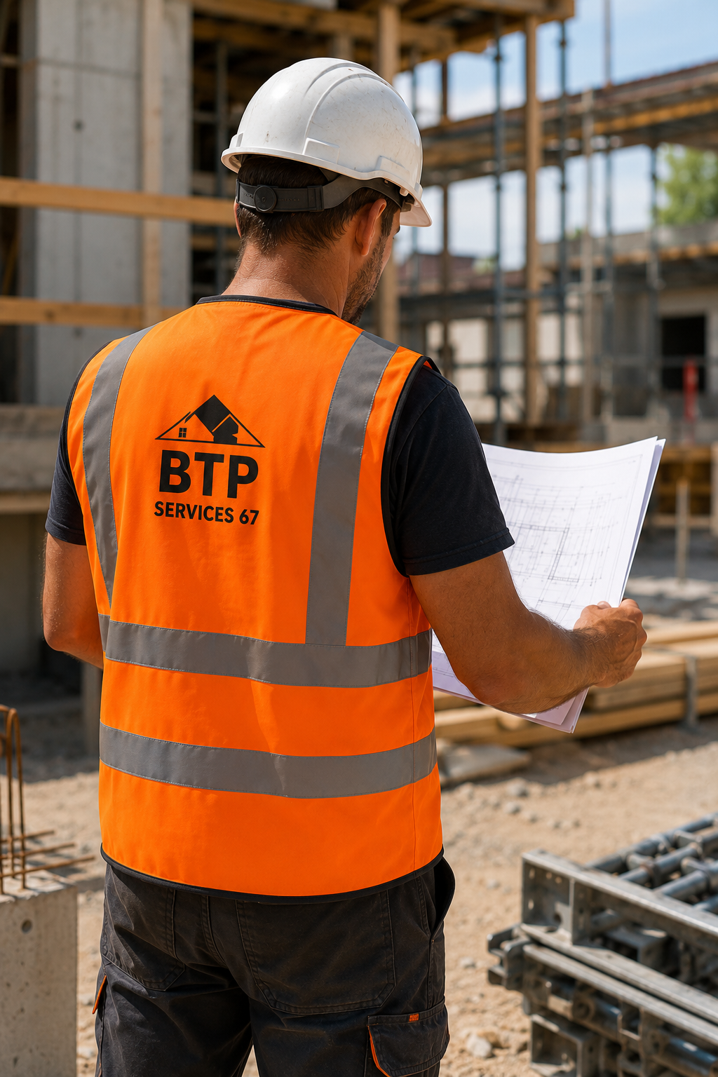 Broderie professionnelle & marquage textile en Alsace Ouvrier portant un gilet haute visibilité personnalisé sur un chantier.