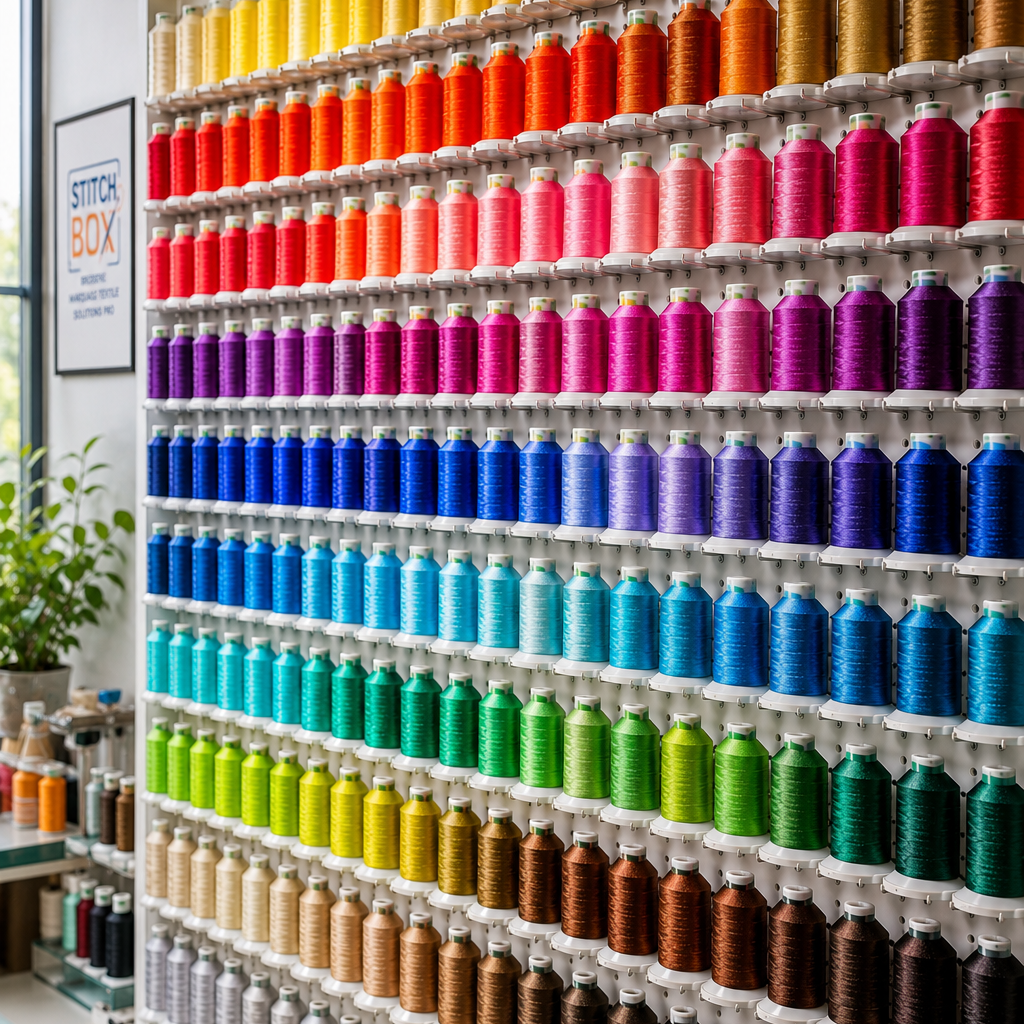 Grand choix de fils de broderie colorés dans l’atelier Stitch Box.