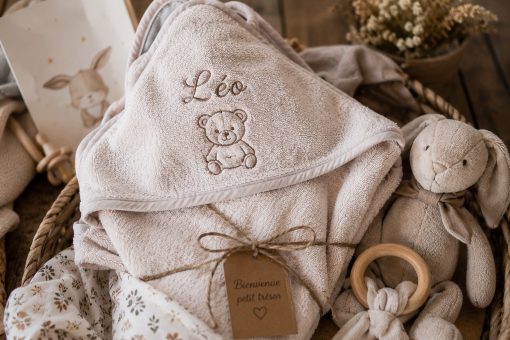 Cadeau de naissance personnalisé avec serviette bébé brodée
