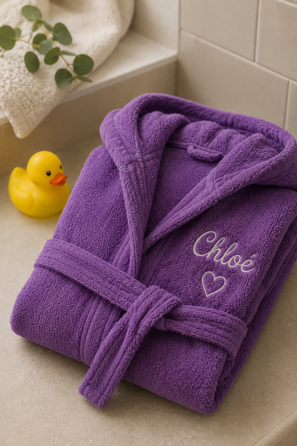 Broderie professionnelle & marquage textile en Alsace Peignoir enfant violet brodé avec prénom personnalisé.