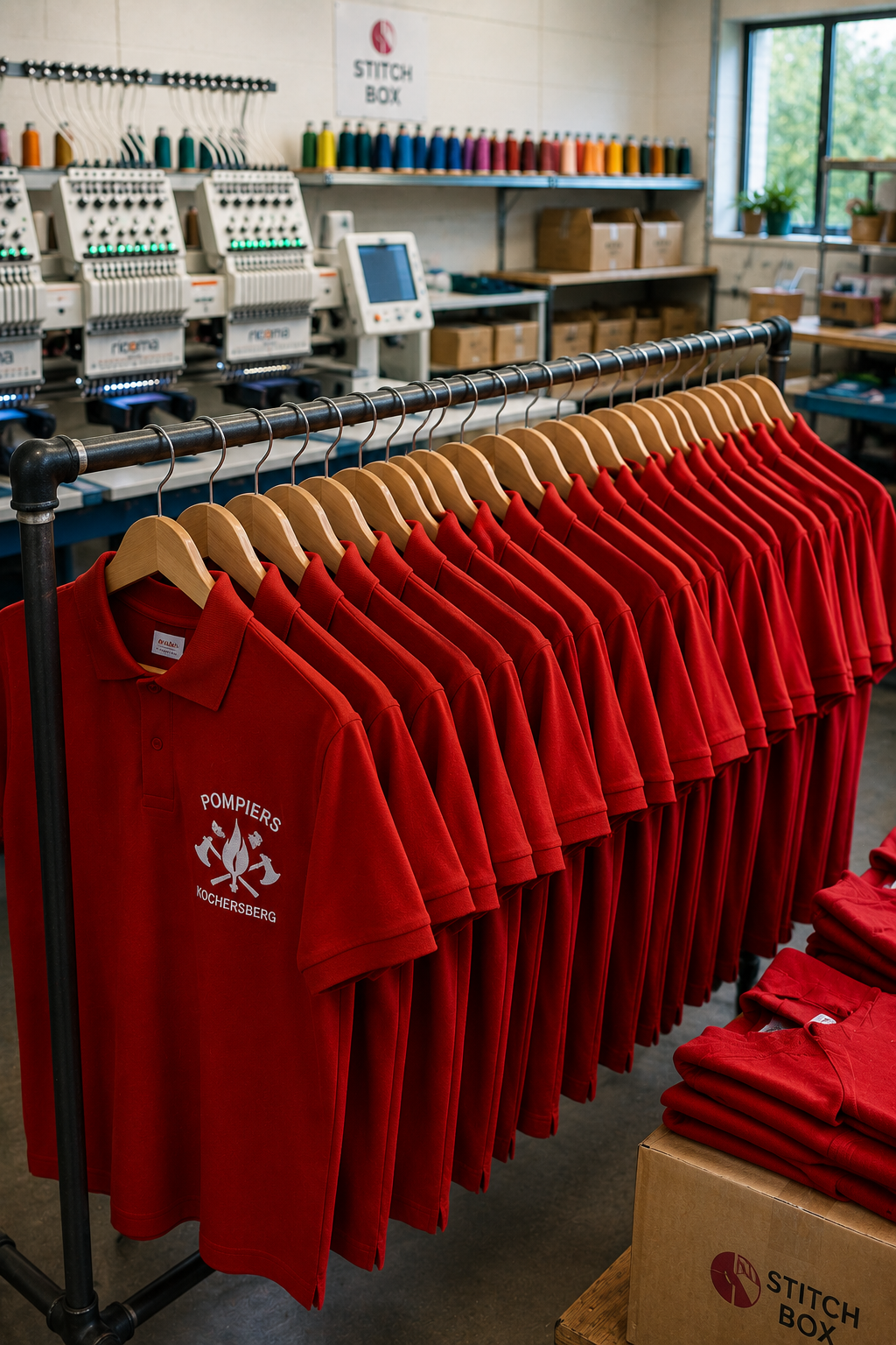 Broderie professionnelle & marquage textile en Alsace Série de polos rouges brodés pour association ou service.