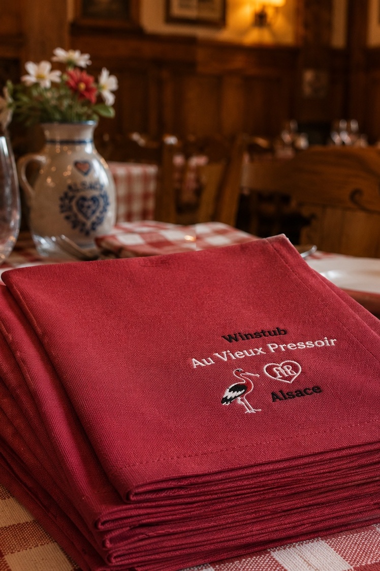 Broderie professionnelle & marquage textile en Alsace Serviettes de restaurant rouges personnalisées avec logo brodé.