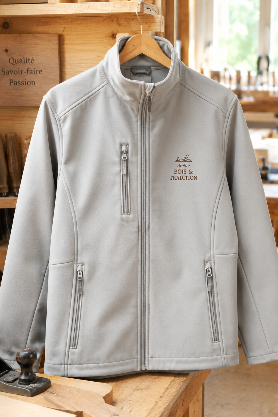 Broderie professionnelle & marquage textile en Alsace Veste softshell personnalisée avec logo brodé pour artisan.