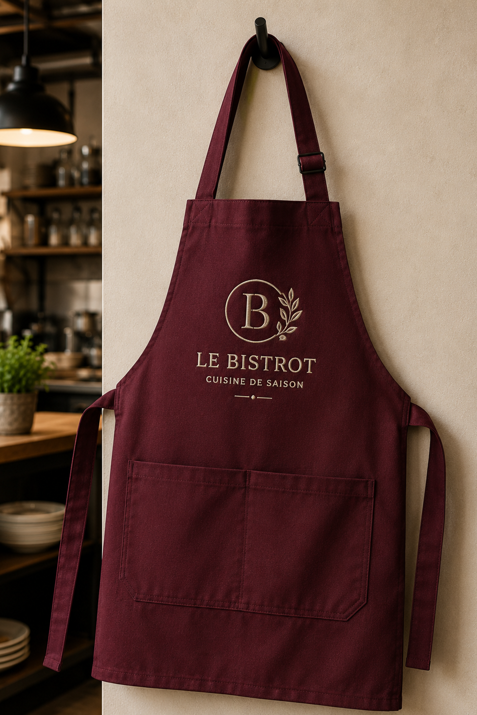 Broderie professionnelle & marquage textile en Alsace Tablier de restaurant bordeaux personnalisé avec logo brodé.