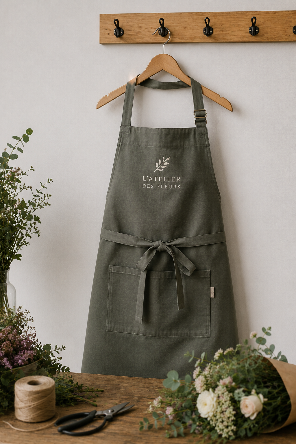 Broderie professionnelle & marquage textile en Alsace Tablier de fleuriste vert sauge personnalisé par broderie.