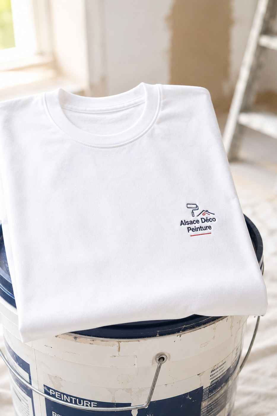 Broderie professionnelle & marquage textile en Alsace T-shirt blanc personnalisé avec logo brodé pour entreprise de peinture.