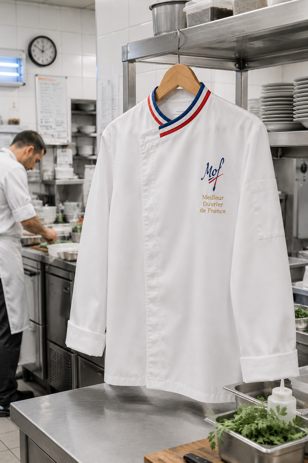 Broderie professionnelle & marquage textile en Alsace Veste de cuisine blanche brodée dans une cuisine professionnelle.